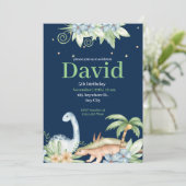 Green Blue Floral Dinosaur Birthday Uitnodiging (Staand voorkant)