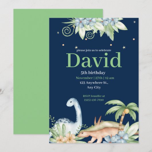 Green Blue Floral Dinosaur Birthday Uitnodiging (Voorkant / Achterkant)