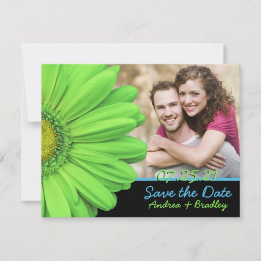 Green Blue Gerbera Daisy Photo Wedding Save The Date (Voorkant)