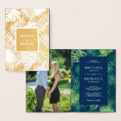Green Blue Gold Palm Feuilles Faire-part de mariag (Affichage)