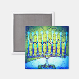 Green Blue Hanukkah Menorah Peace Sparkle Shine Magneet