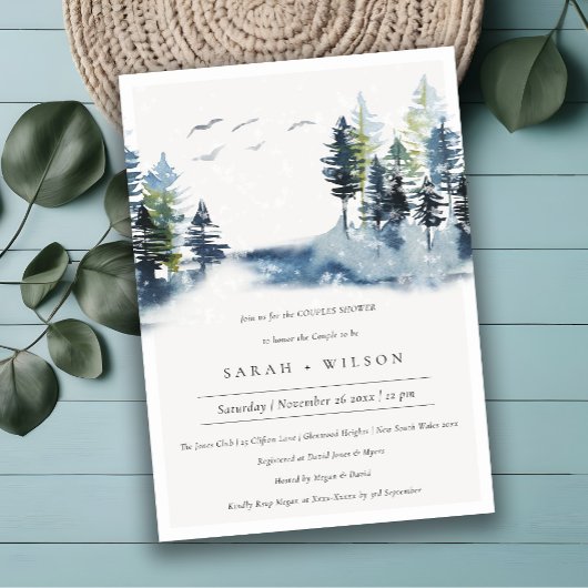 Green Blue Pine Forest Oiseaux Couples Invitation