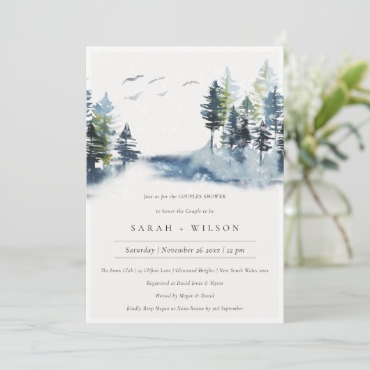 Green Blue Pine Forest Oiseaux Couples Invitation (Debout devant)