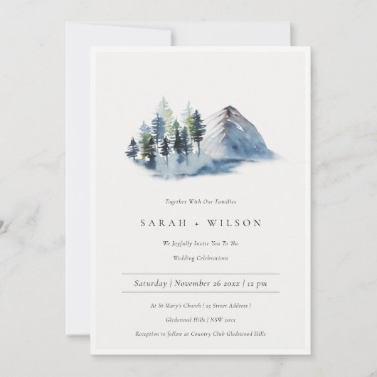 Green Blue Pine Woods Mountain Wedding Invitation (Devant)