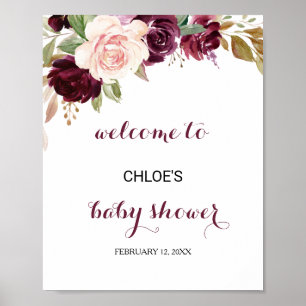 Green Blush Burgundy Floral Baby shower Welkom Poster
