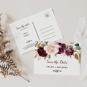 Green Blush Burgundy Floral Save the Date Briefkaart