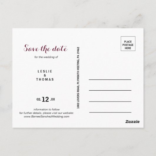 Green Blush Burgundy Floral Save the Date Briefkaart (Achterkant)