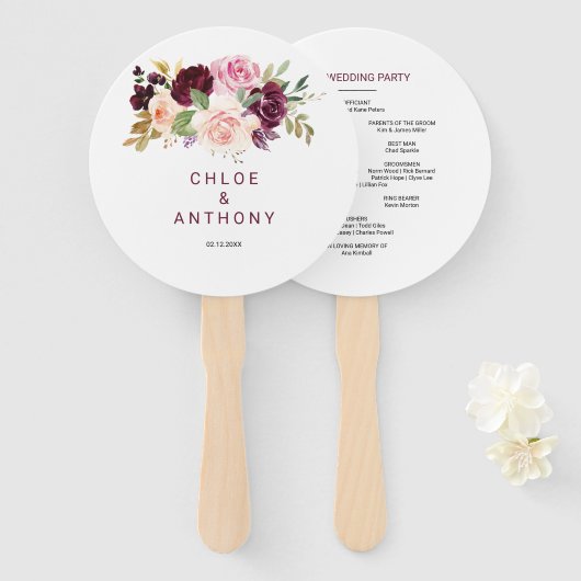 Green Blush Burgundy Floral Wedding Handwaaier (Voorkant en achterkant)