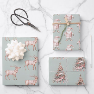 Green Blush Pink Deer Kerstbomen Santa Inpakpapier Vel