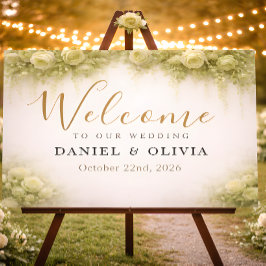 Green Blush Rose Foliage Wedding Welcome Sign Poster
