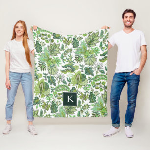 Green Boho Floral Monogram Fleece Deken