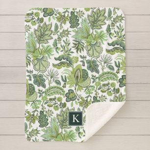 Green Boho  Floral Monogram Sherpa Deken
