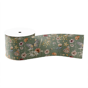 Green Boho Floral Ribbon Grosgrain Lint