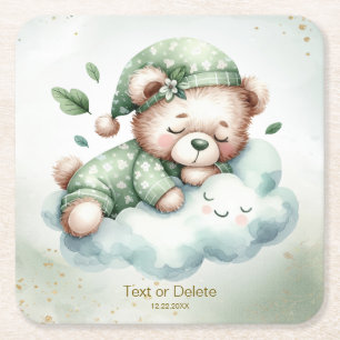 Green Boho Sleeping Teddy Bear Schattige feest Vierkante Kartonnen Onderzetter