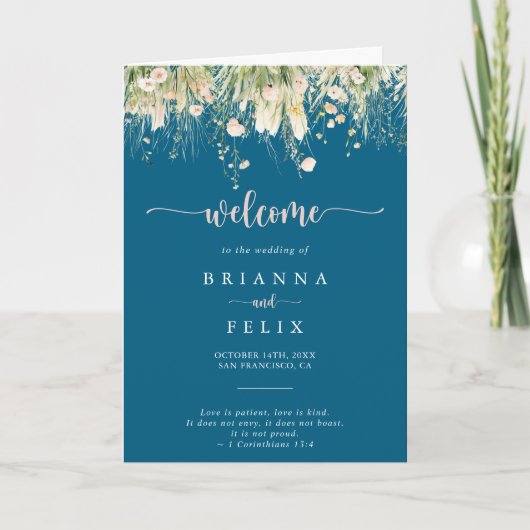 Green Boho Wildflower Navy Opgevouwen Trouwprogram Programma (Voorkant)