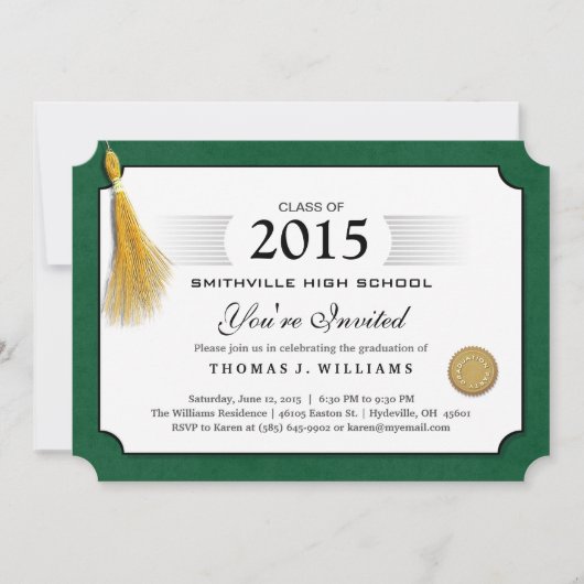 Green Border Diploma met Tassel Afstuderen Uitnodi Kaart (Voorkant)