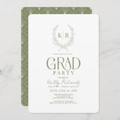 Green Botanical Crest Monogram Afstuderen Kaart (Voorkant / Achterkant)