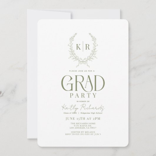 Green Botanical Crest Monogram Afstuderen Kaart (Voorkant)