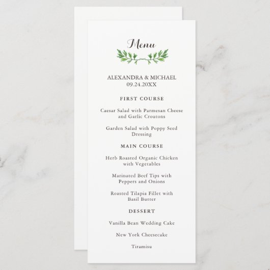 Green Botanical Feuille Menu Mariage (Devant / Derrière)
