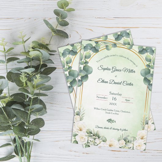 Green Botanical Wedding Invitation with Eucalyptus Kaart