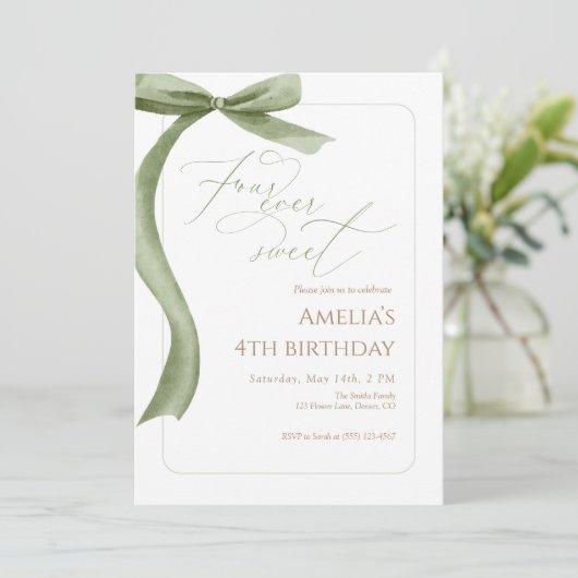 Green Bow 4th Birthday Invitation Four Ever Sweet (Debout devant)