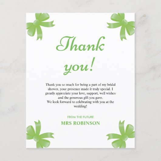 Green Bow Bridal Shower Thank You Card (Voorkant)