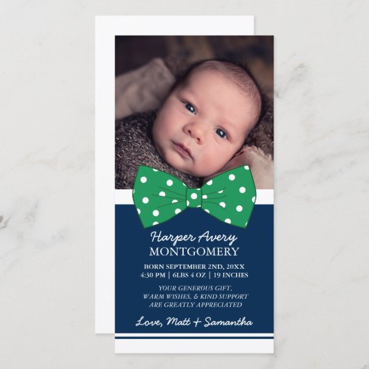 Green Bow Custom Photo Baby shower Hartelijk dank Bedankkaart (Voorkant / Achterkant)