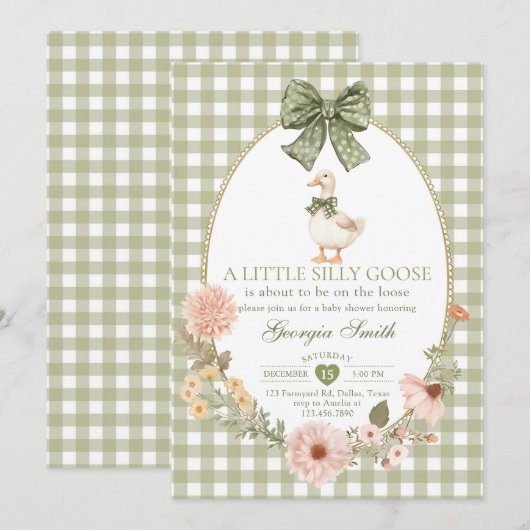 Green Bow Gingham Silly Goose Baby Shower Kaart (Voorkant / Achterkant)