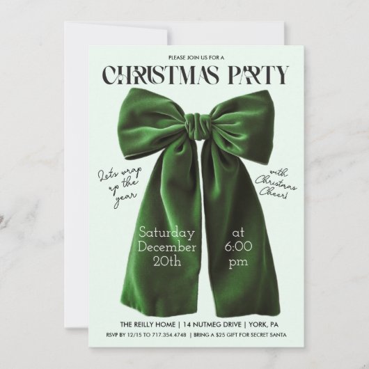 Green Bow Holiday Kerstuitnodiging Kaart (Voorkant)