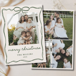 Green Bow Merry Christmas 4 Photo Family Feestdagenkaart