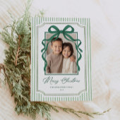 Green Bow Stripe Christmas Photo Feestdagenkaart