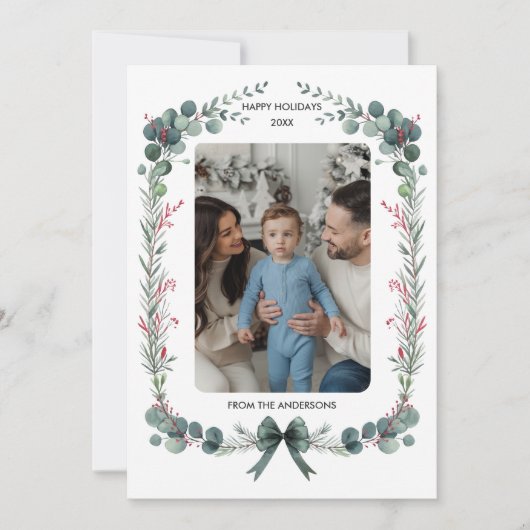 Green Bow Waterverf Botanische Kerstfoto Feestdagenkaart (Voorkant)