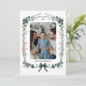 Green Bow Waterverf Botanische Kerstfoto Feestdagenkaart (Staand voorkant)