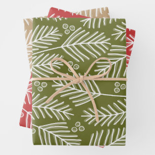 Green Branches Merry Calligraphy Red kraft Inpakpapier Vel
