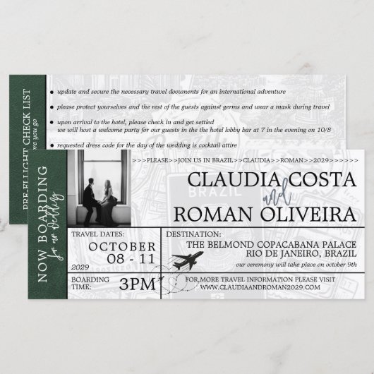 Green Brazil Mariage Boarding Pass Invitation (Devant / Derrière)