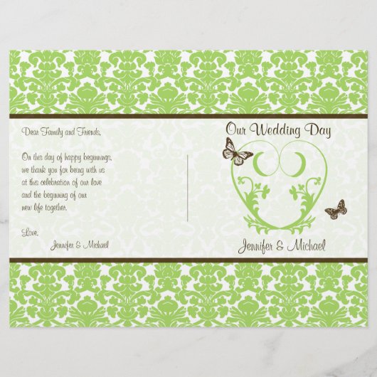 Green Brown Damask Heart Butterfly Wedding Program (Voorkant)