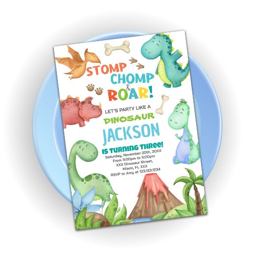 Green Brown Dinosaur Invitations d'anniversaire