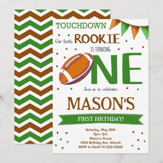 Green Brown Football 1er anniversaire Invitation (Devant / Derrière)