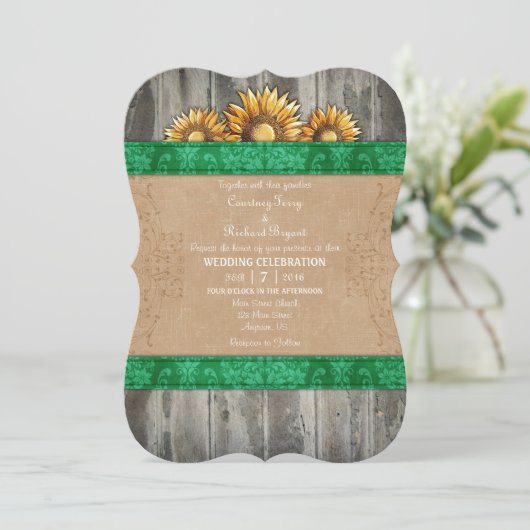 Green Brown Rustic Sunflower Mariage Invitation (Debout devant)