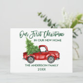 Green Brush Script First Kerstmis New Home Truck Feestdagenkaart (Staand voorkant)