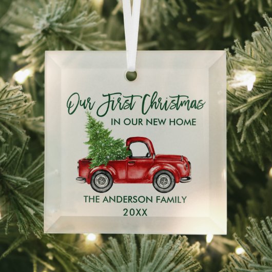 Green Brush Script First Kerstmis New Home Truck Glas Ornament (Insitu)