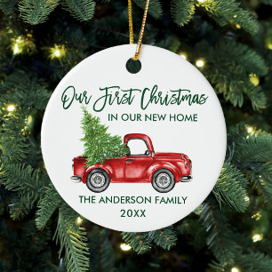 Green Brush Script First Kerstmis New Home Truck Keramisch Ornament