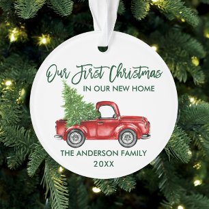 Green Brush Script First Kerstmis New Home Truck Ornament