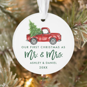 Green Brush Script First Kerstmis  Truck Ornament