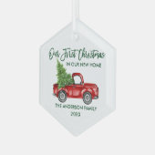 Green Brush Script Kerstmis Nieuw Home Red Truck Glas Ornament (Voorkant links)