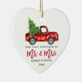 Green Brush Script Red Truck First Kerstmis Keramisch Ornament (Rechts)