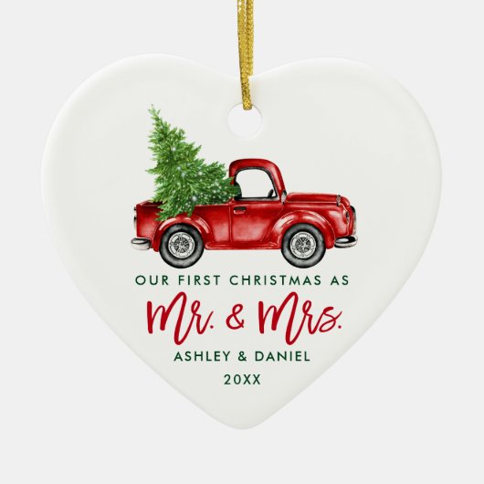 Green Brush Script Red Truck First Kerstmis Keramisch Ornament (Voorkant)
