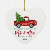 Green Brush Script Red Truck First Kerstmis Keramisch Ornament (Achterkant)