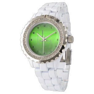 Green Brushed Metal Glitter Monogram Eenvoudig   Horloge
