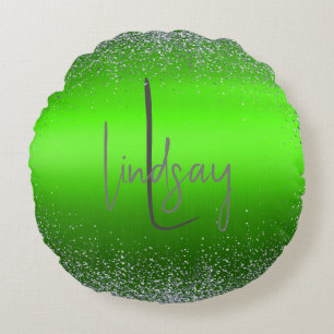Green Brushed Metal Glitter Monogram Eenvoudig Rond Kussen